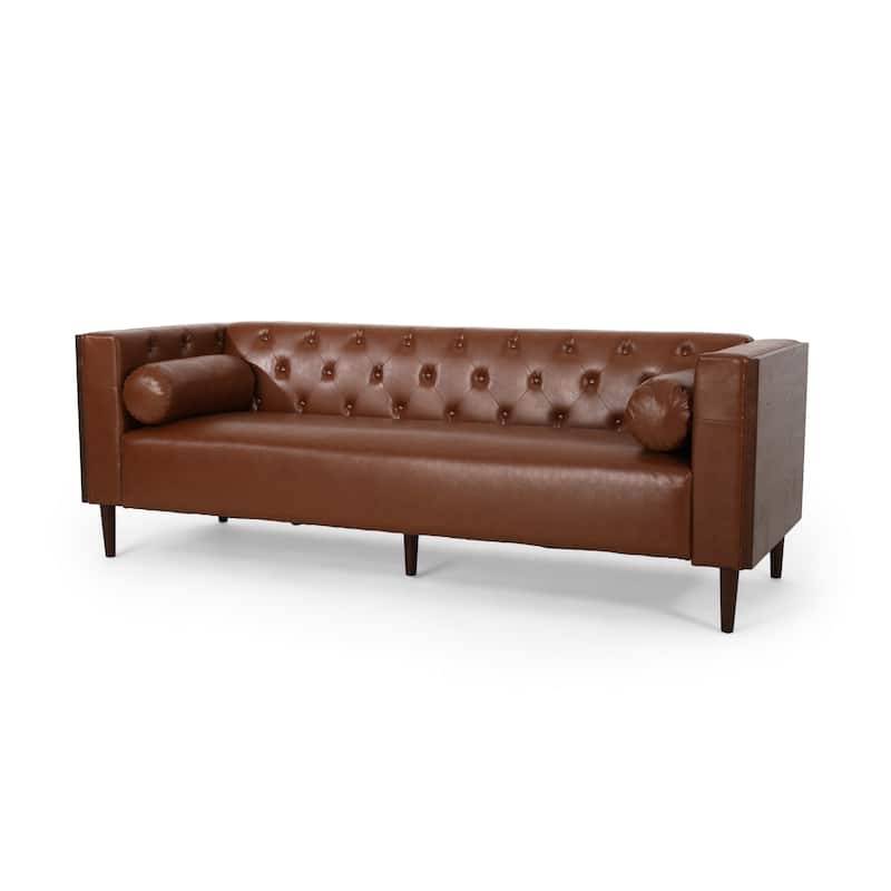 Biya Sofa, 3 Seater, 90 Inch, Tufted Brown Faux Leather, 2 Pillows