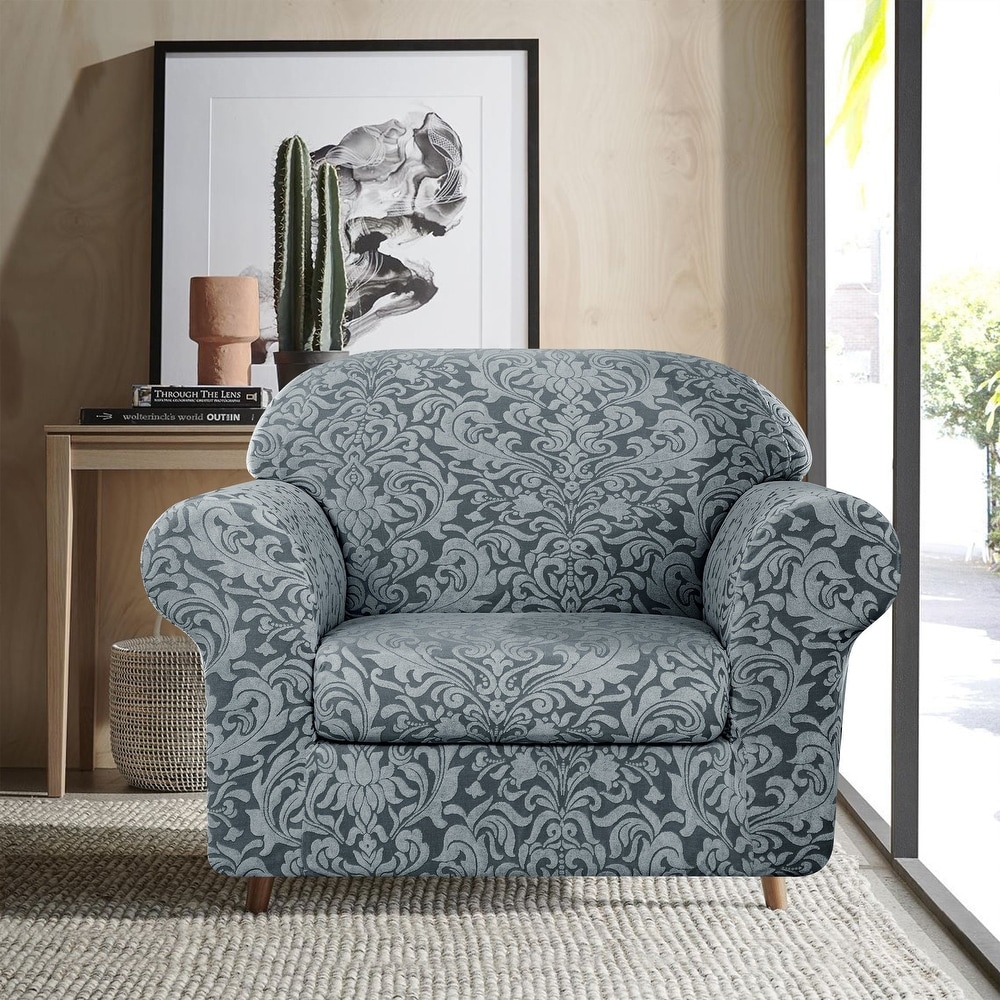 European Luxury Chair Cover Beige Blue Jacquard Fabric Non Slip