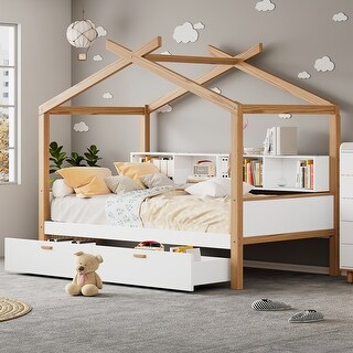 White Full Size Wooden House Bed with Trundle and Bookshelf