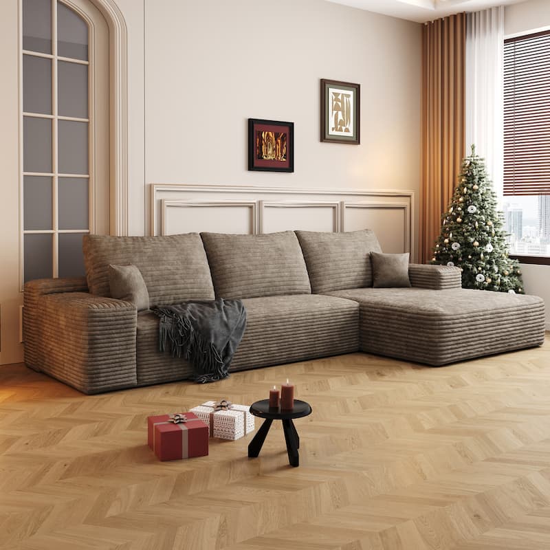 Corduroy Deep Seat Couch L-shaped Sectional Sofa with Chaise Lounge - Camel