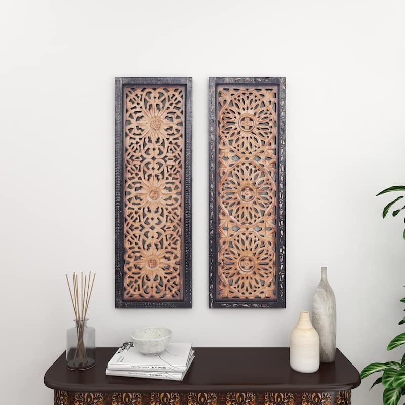 Wood Floral Handmade Intricately Carved Home Wall Decor - Set of 2 Brown - Roche River Decor