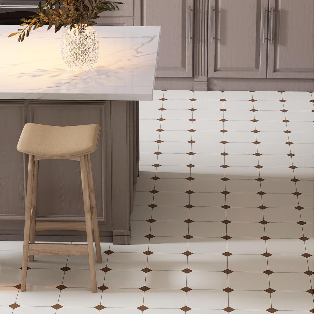 Merola Tile Vaudeville Octagon Nacar with Taco Marron 7-7/8" x 7-7/8" Porcelain Floor and Wall Tile
