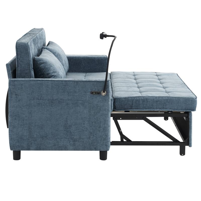 Loveseat Convertible Pull-out Sleeper Sofa Bed, with Reversible Backrest Cushion 2 USB Ports and Pockets Sleeper Couch