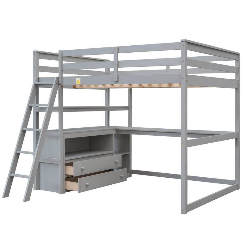 Full Size Loft Bed with Desk and Shelves