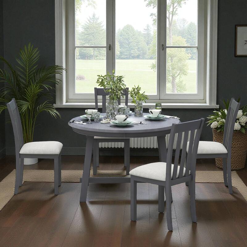 5-Piece Round Extendable Dining Table Set, 41.4"-56.6" Wood Table with 4 Upholstered Chairs for Dining Room