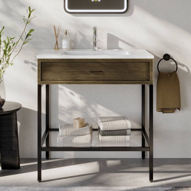 Ansel Freestanding Bathroom Vanity with Single Sink, One Glass Shelf, Metal Legs - 30 inch Black