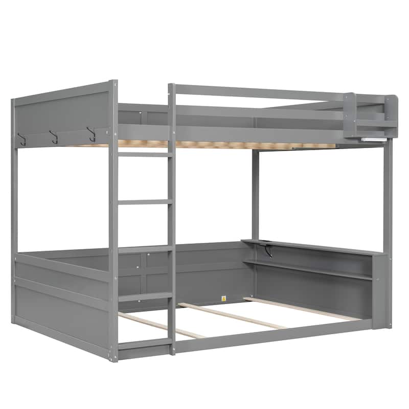 Queen Size Bunk Bed Concise Wooden Bed Frame with Shelves & 3 Metal Clothes Hooks and Built-in Charging Station Queen over Queen