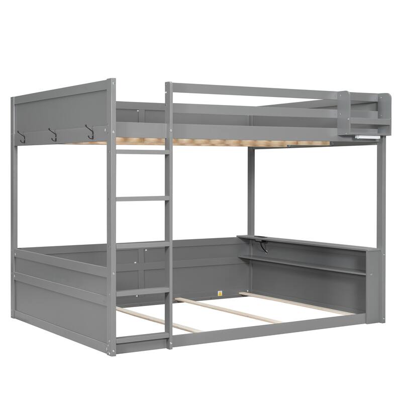 Queen Size Wooden Bunk Bed with Built-in Shelves, Storage Box, 3 Metal Clothes Hooks, Ladder, LED Light and USB Charging Station