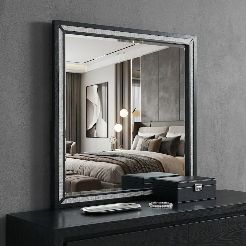 HomeRoots 37" Black Faux Crystal And Wood Dresser Mount Framed Mirror - 44.09 in. x 37.01 in. x 0.98 in. - 44.09 in. x 37.01 in.  x 0.98 in.