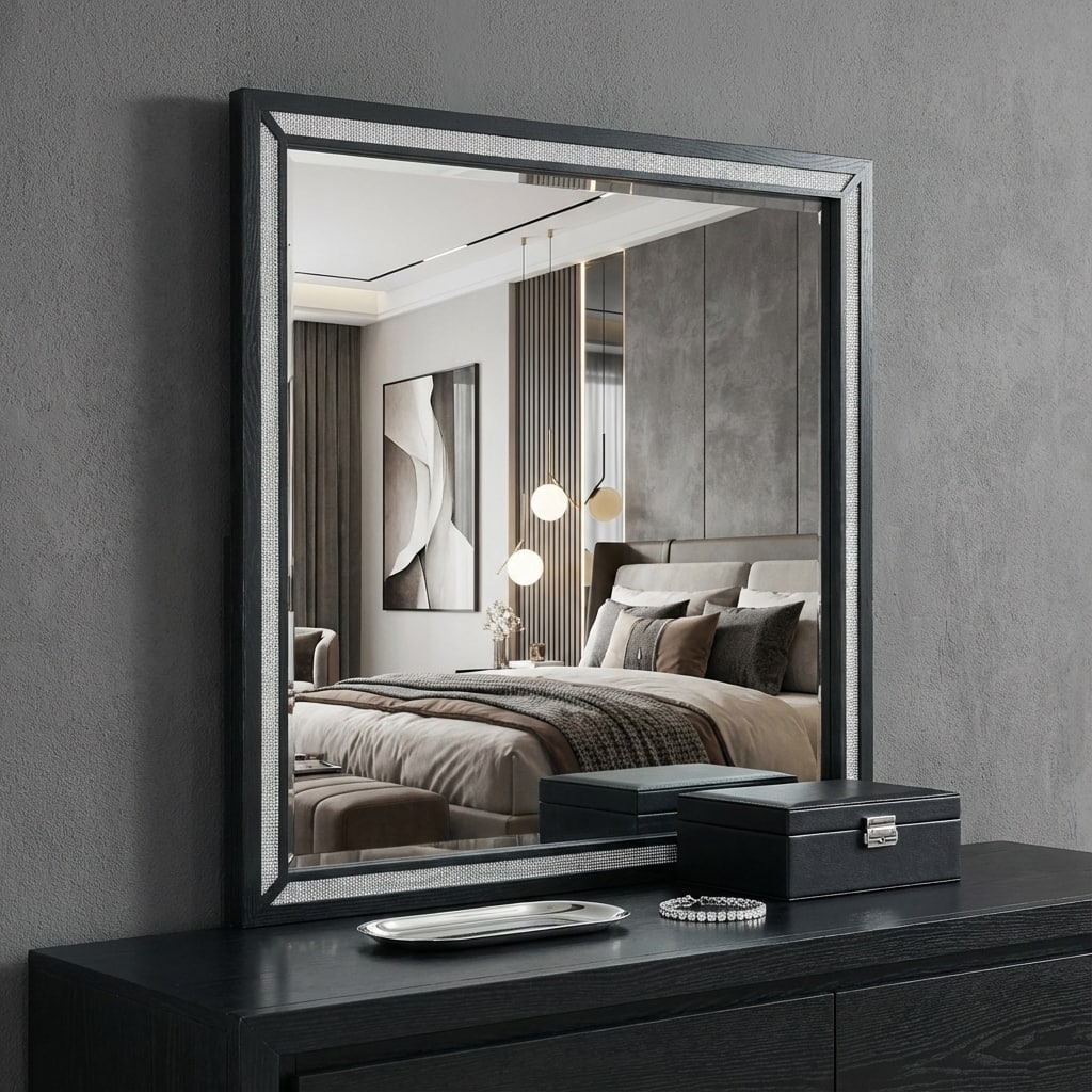 HomeRoots 37" Black Faux Crystal And Wood Dresser Mount Framed Mirror - 44.09 in. x 37.01 in. x 0.98 in.