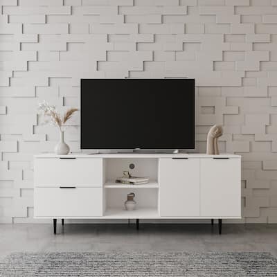 White 3 storage and 2 open shelves Wood TV Bench Table TV Console TV Cabinet - 16 inches in width