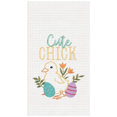 "Cute Chick" Easter Spring Embroidered Cotton Waffle Weave Kitchen Dishtowel