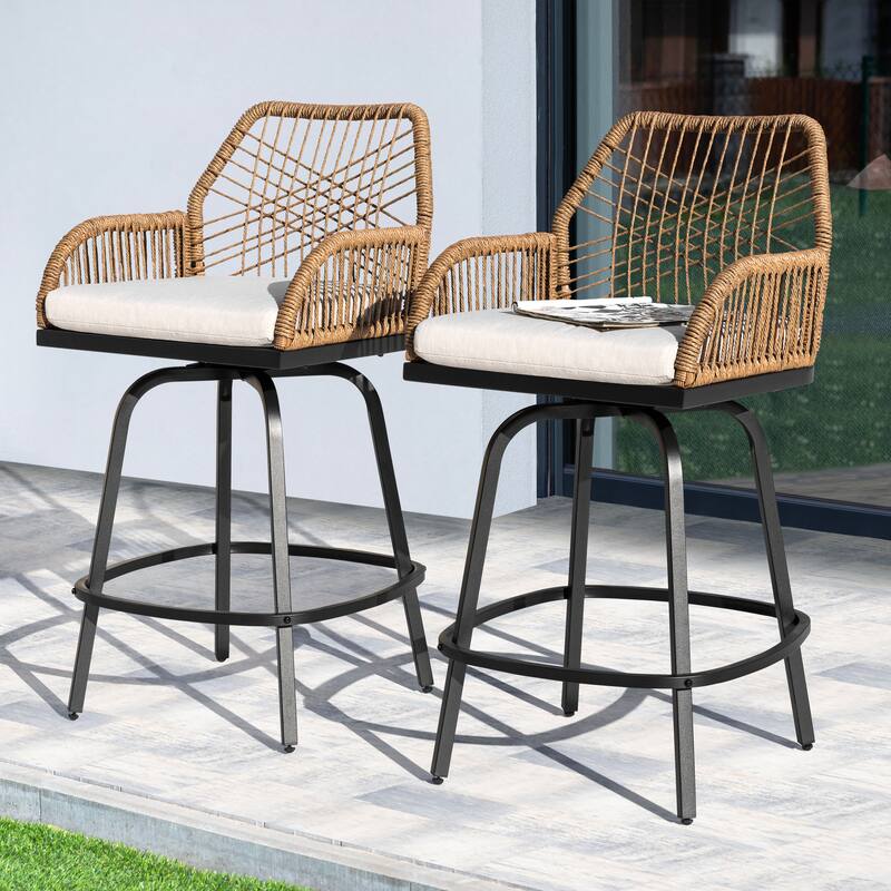 2-Piece Twisted Rattan Patio Bar Stools Set with Cushions, Swivel Design