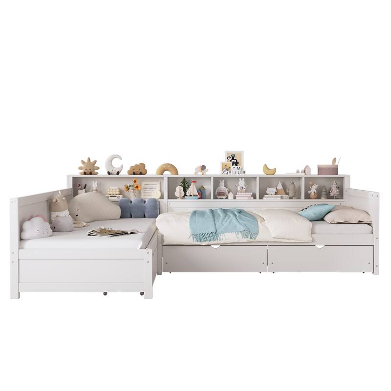 Twin Size L-Shape Daybed with 3 Pull-out Drawers, Wooden Corner Bed Frame with Storage Bookshelf
