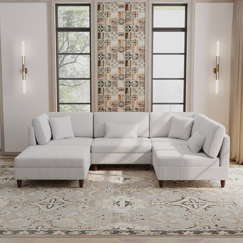 Corduroy Modular Sectional 5 Piece Sofa with Ottoman - Beige