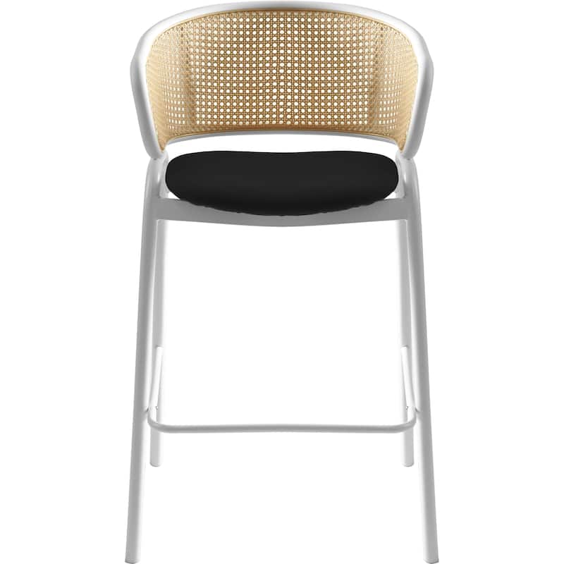 LeisureMod Ervilla Set of 2 Modern Wicker Leather Bar Stool with Curved Back & White Steel Frame for Home Office Dining Room