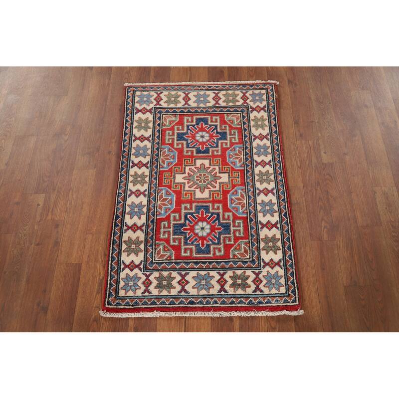 Hand Knotted Oriental 100% Wool Carpet Traditional Geometric Red Kazak Area Rug - 3' 0'' X 2' 0''