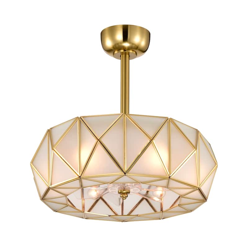 Brunel 6-light Brass and Frosted Glass Pyramid Design Fandelier Lighted Ceiling Fan Remote Control - Brass-White