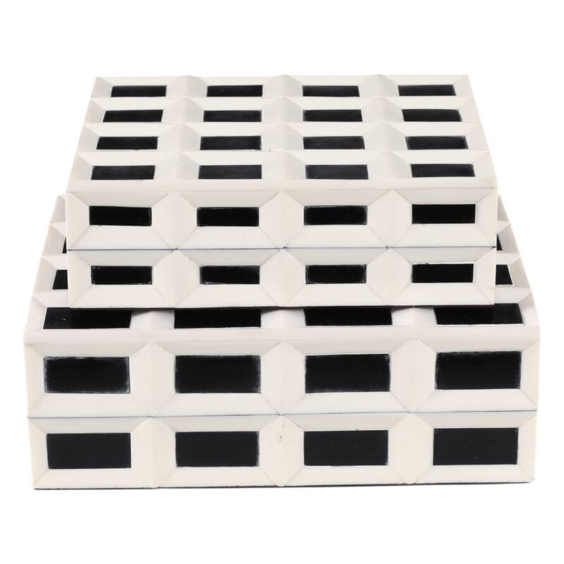 Decorative Checkered Pattern Box with Lid - Set of 2, 10", 12" White - 12.25"