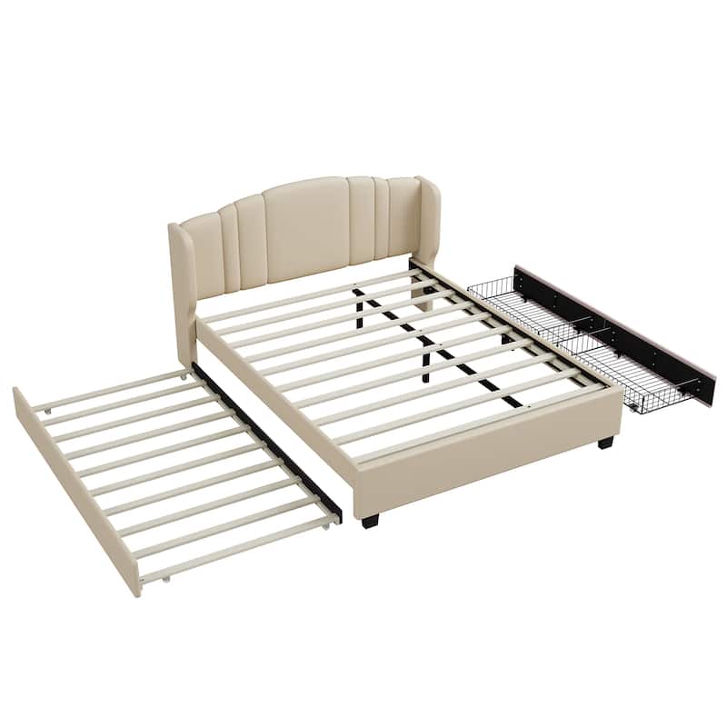 Upholstered Platform Bed with Wingback Headboard, Queen Size Linen Fabric Bed Frame with Twin Trundle Bed and 2 Drawers