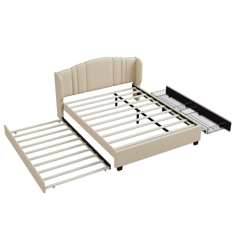 Wingback Headboard Bed Frame, Linen Upholstered Platform Bed with Trundle Bed &, 2 Drawers, Wood Low Profile Bed Panel Bed