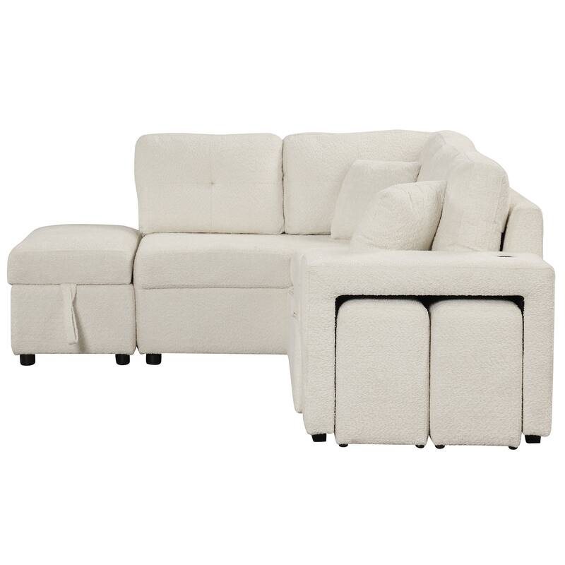 87.7" Chenille Sleeper Sectional Convertible Sofa Bed with Storage Ottoman, Wireless Charging and 2 Stools