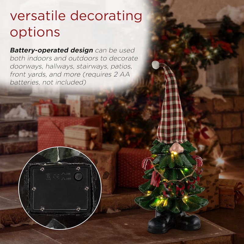 Alpine Corporation 28"H Polyresin Christmas Tree Gnome Decoration with Color Changing LED Lights