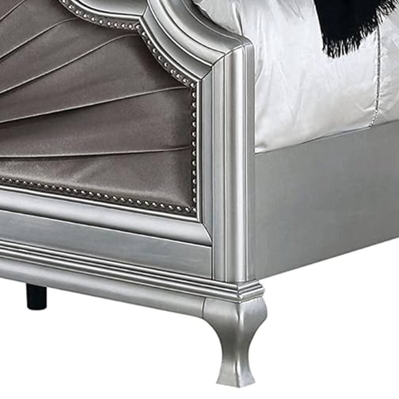 Xan Cal. King Bed, Silver Wood, Gray Pleated Velvet Upholstery