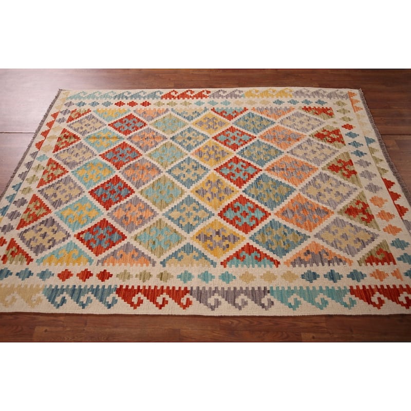 Reversible Kilim Oriental Area Rug Flatweave Wool Carpet - 5'1"x 6'6"