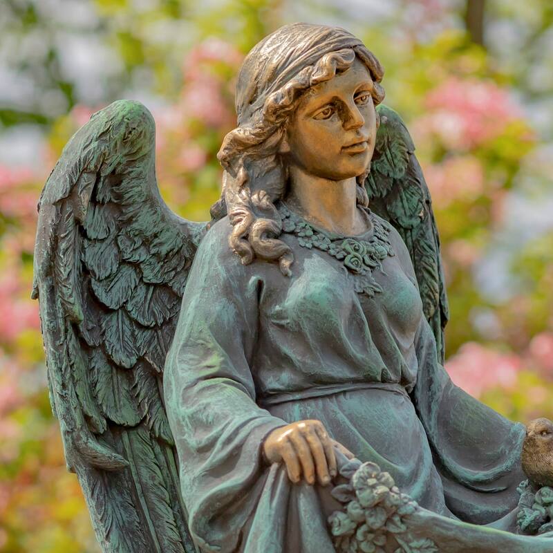 37" Tall Magnesium Angel Statue and Birdbath in Antique Bronze
