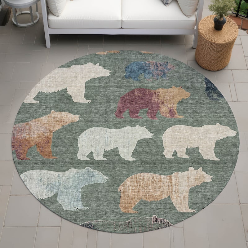 Machine Washable Indoor/ Outdoor Modern Bear Chantille Rug - Green - 8' x 8'