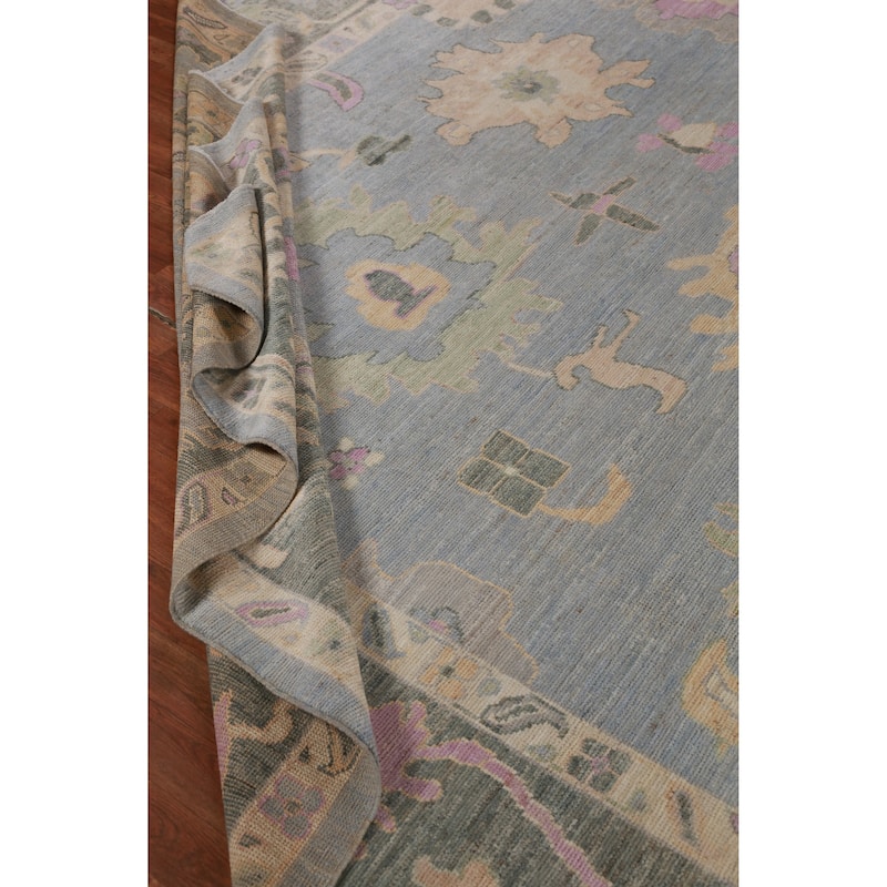 Hand Knotted Oriental 100% Wool Carpet Transitional All-Over Navy Blue & Blues Oushak Area Rug - 13' 7'' X 10' 0''