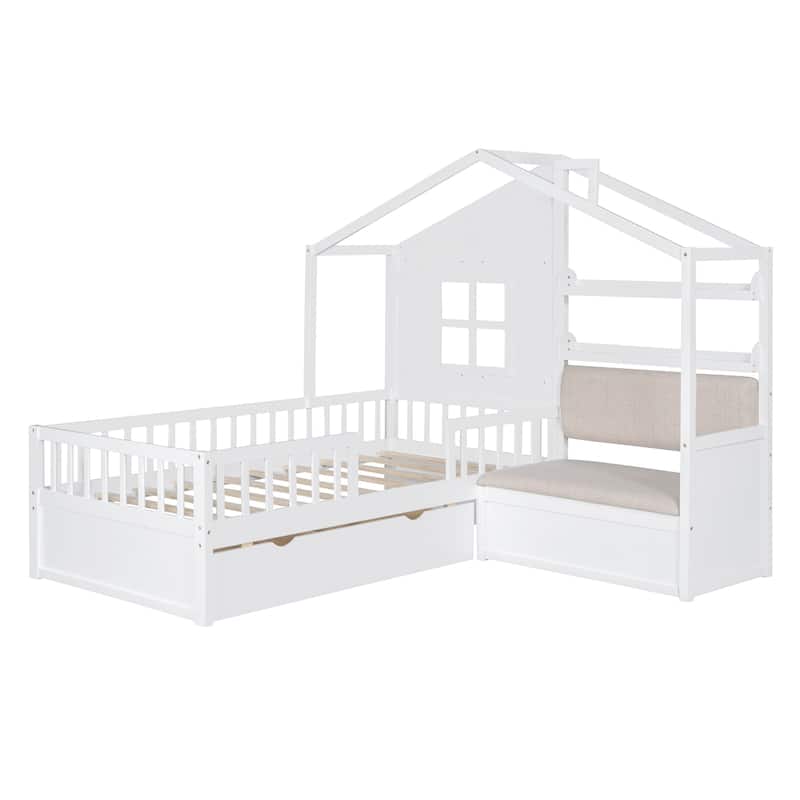 Wooden Twin Size House Bed Frame with Sofa and 2 Drawers, Kids Platform Bed with House Shaped Headboard and Storage Shelves