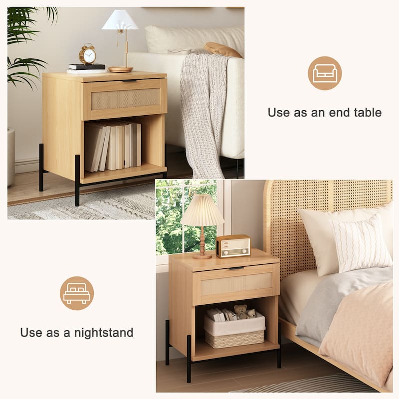 EROMMY Rattan Nightstand Set of 2, Boho Bedside Tables with Drawer and Open Shelf, 19.7" Wide End Tables for Bedroom
