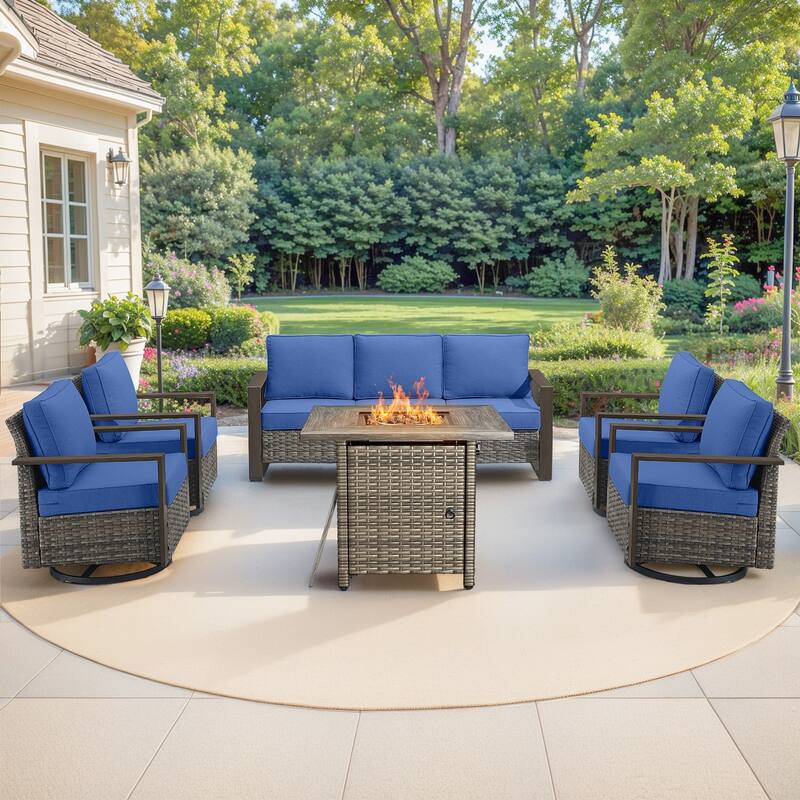 Pocassy 4/6/8PCS Sofa Swivel Chair with Fire Pit Table Set - Grey Wicker Blue Cushion - 6-Piece Sofa Swivel Chair with Fire Table