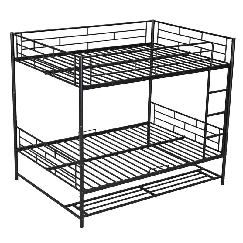 Full Over Full SpaceSaving Metal Loft Bed with Shelf and Guardrails