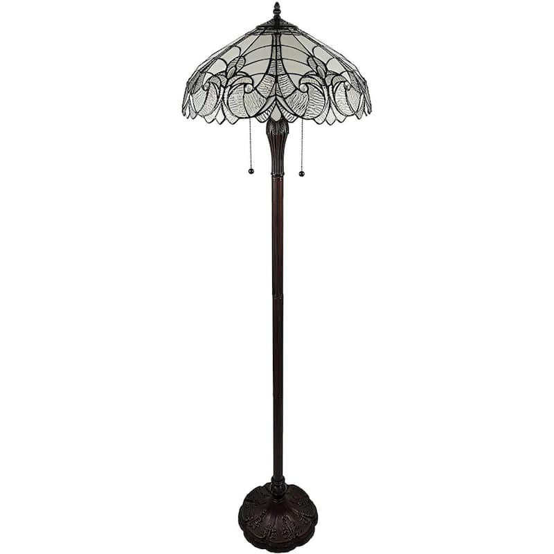 Dark Brown Metal Torchiere Floor Lamp with White Stained Glass Shade - 18” x 18” x 62” (D x W x H)