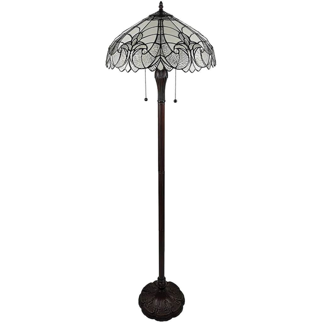 Dark Brown Metal Torchiere Floor Lamp with White Stained Glass Shade - 18” x 18” x 62” (D x W x H)