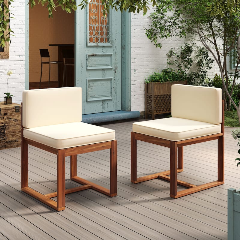 Roomfitters Outdoor Wooden Chairs with Cushioned Back and Seat, Modern Patio Seating Set of 2, Beige