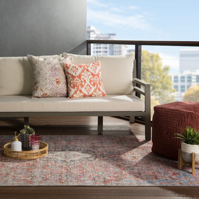 Gracewood Hollow Eddo Machine Washable Indoor/Outdoor Red and Light Blue Medallion Area Rug