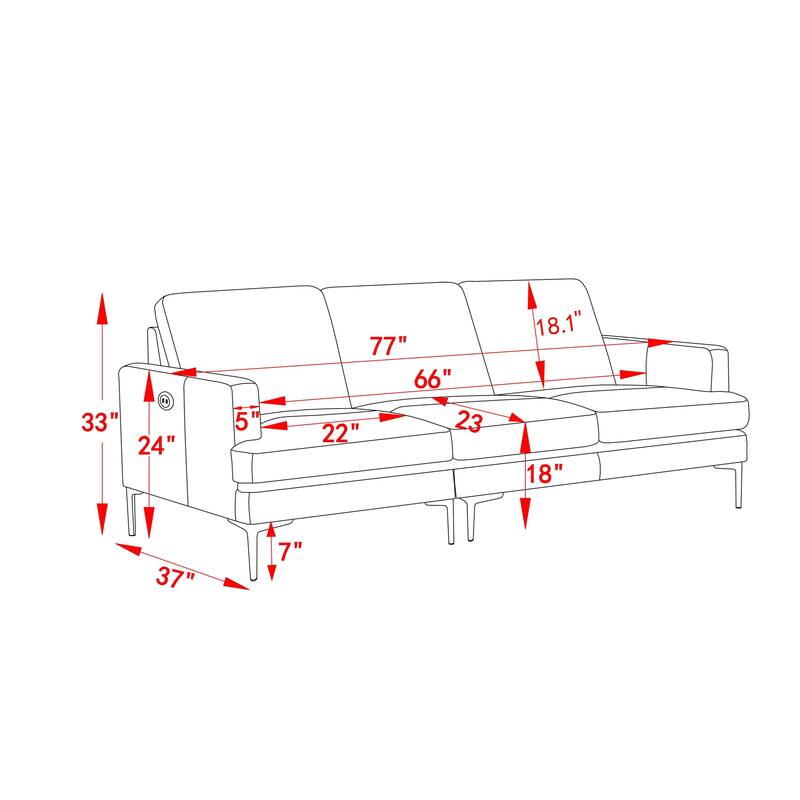Top-Grain Leather Match Sofa, 77" Comfy Couch with USB Charger, Metal Legs, Ideal for Living Room & Office
