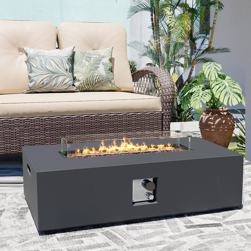 Patio Watcher iron outdoor fire pit table with gas tank cover, lid, and glass wind guard