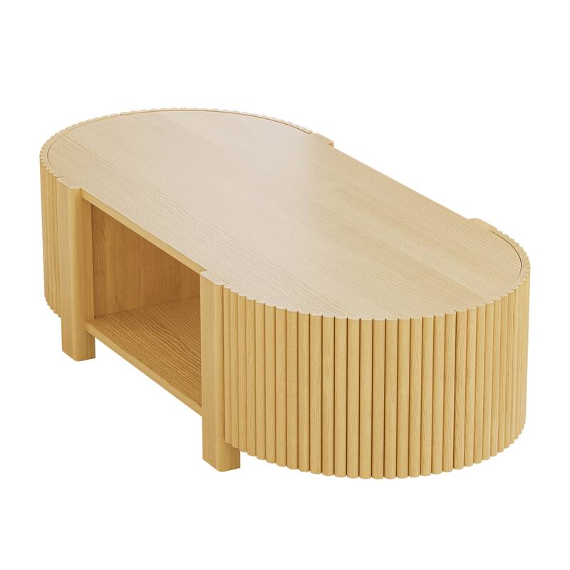 47" Oval Fluted Coffee Table with Storage, Rubber Wood, 1 Shelf & 2 Doors - Natural