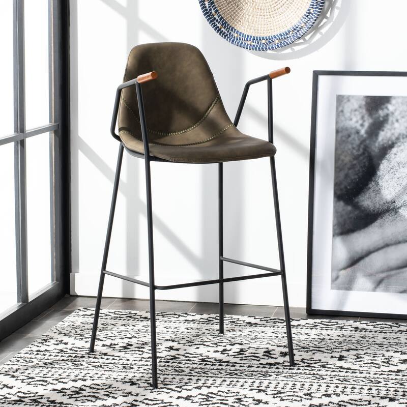 SAFAVIEH Coral Mid-Century Bar Stool - 25" W x 21.5" D x 39" H - 21Wx21Dx42H - Olive Pu/Black