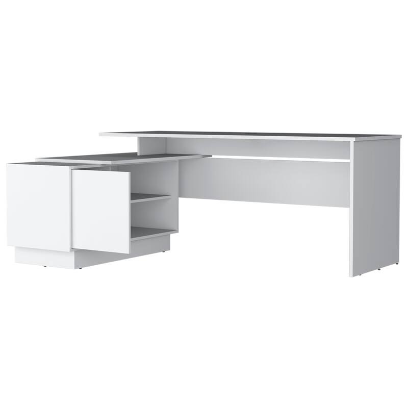 Minimalist L-Shaped Desk with Spacious Work Surface, Storage Shelves, and Durable Design for Contemporary Offices