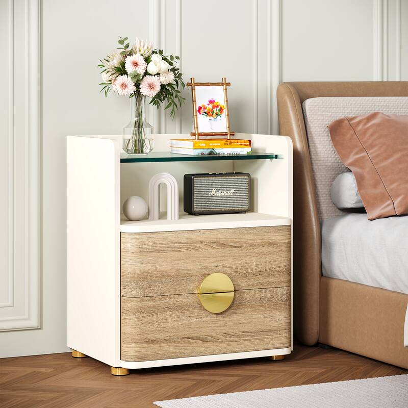 White/ Brown Wood Modern Large 2-Drawer Bedside Table for Bedroom