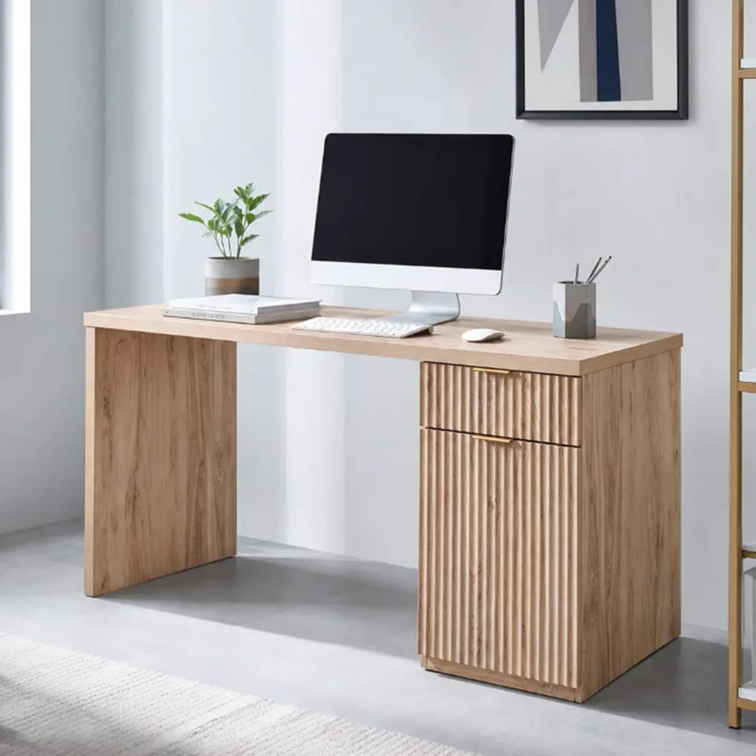 60" Modern Executive Desk, Wood Home Office Desk with Charging Station