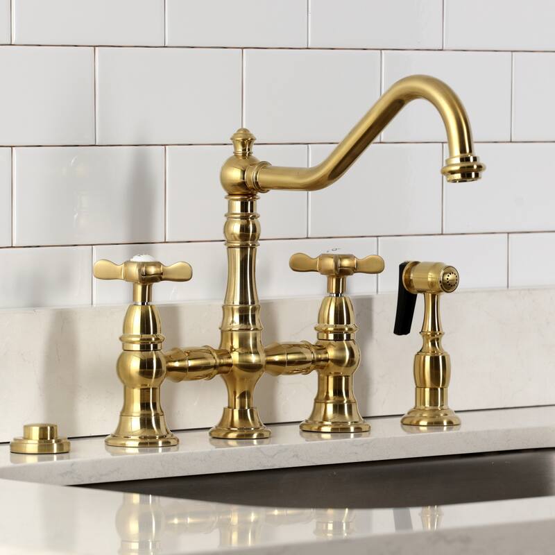 Kingston Brass Essex Two-Handle 4-Hole Deck Mount Bridge Kitchen Faucet with Brass Side Sprayer