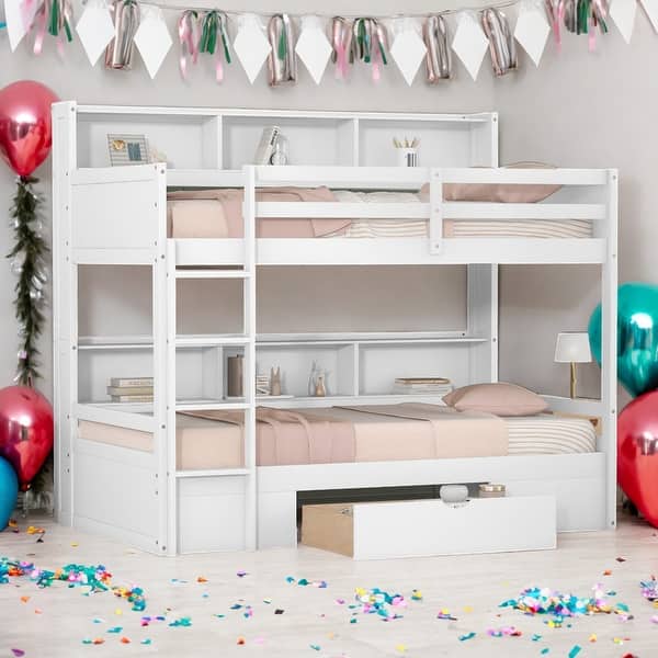slide 2 of 26, Twin Over Twin Bunk Bed With Built-in Shelves And Storage Drawer for Bedroom White