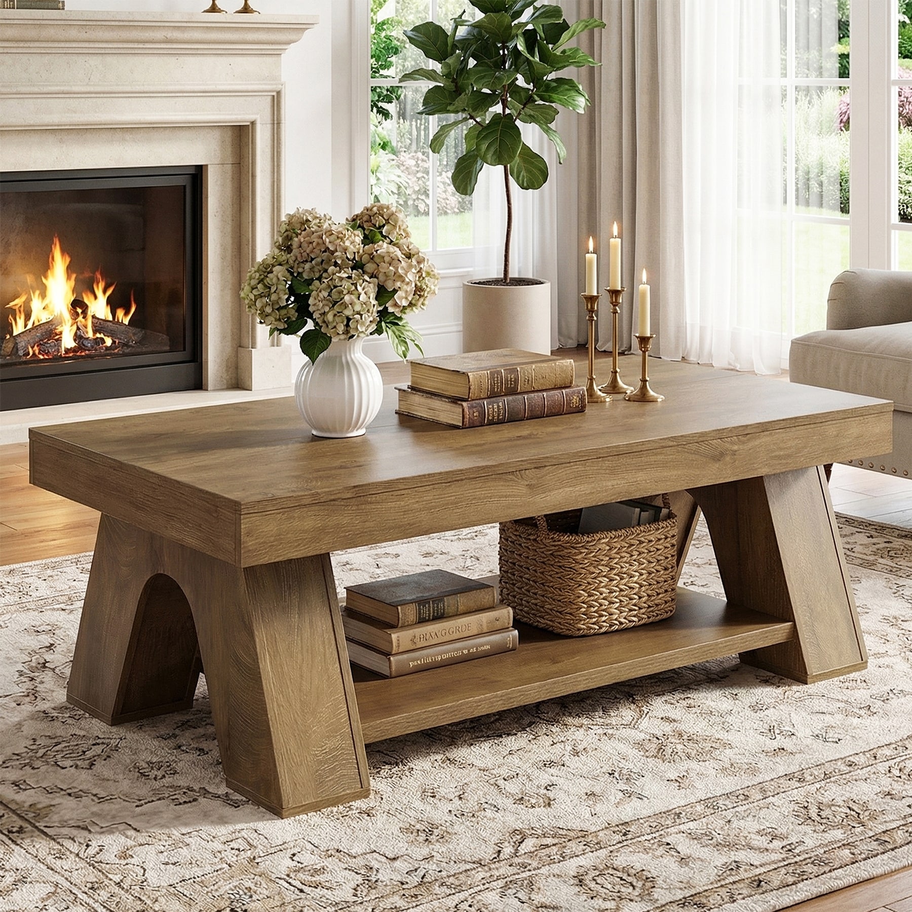 55.1-inch Farmhouse Coffee Table With Storage Shelf